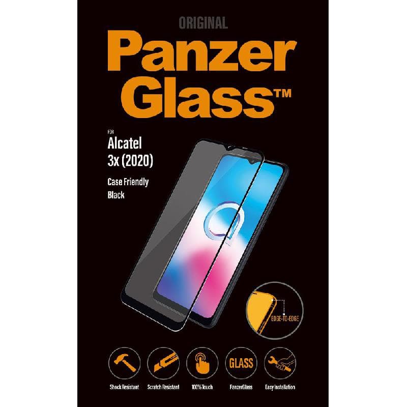 PanzerGlass Case Friendly Smartphone Screen Protector, Tempered Glass, Edge-to-Edge, Black, for (Alcatel) 3X 2020