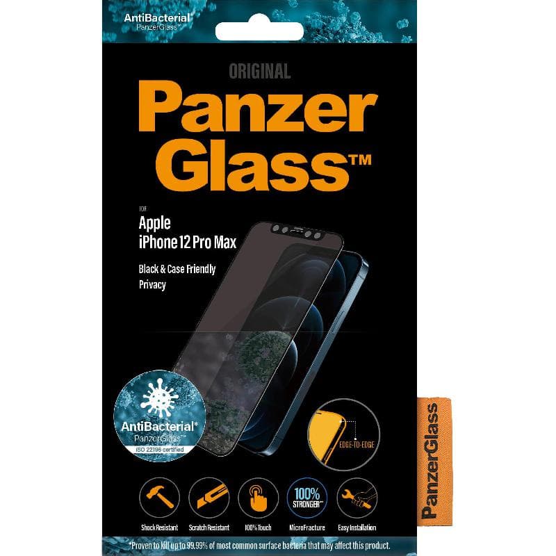 PanzerGlass Privacy Antibacterial Case Friendly Smartphone Screen Protector, Tempered Glass, Edge-to-Edge, Black, for iPhone 12 Pro Max