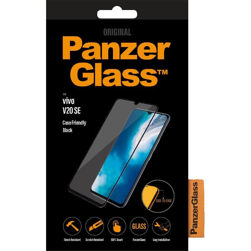 PanzerGlass Case Friendly Smartphone Screen Protector, Tempered Glass, Edge-to-Edge, Black, for (vivo) V20 SE