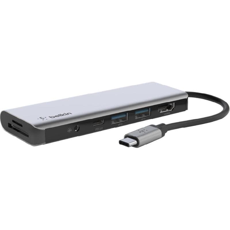بيلكن كونكت يو اس بي سي 7 في 1 محطة متعددة المنافذ سي-يو اس بي 7 منافذ (2X USB 3.0/USB-C/HDMI/SD/Micro SD/3.5 ملم موصل I/O) رمادي