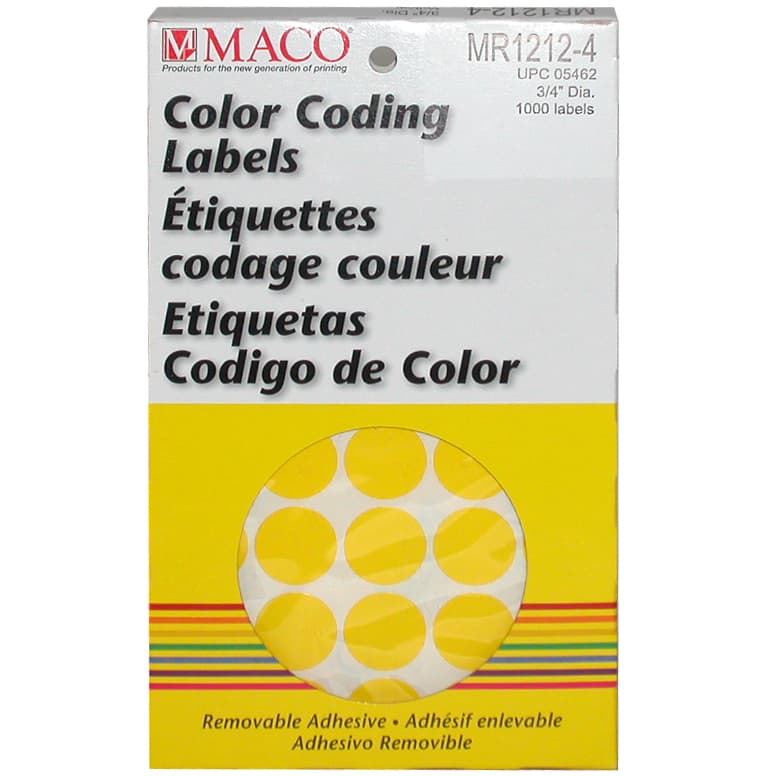 Maco Color Coding Labels, A6 - 3/4" (Diameter), Round, Yellow, 1000 Labels
