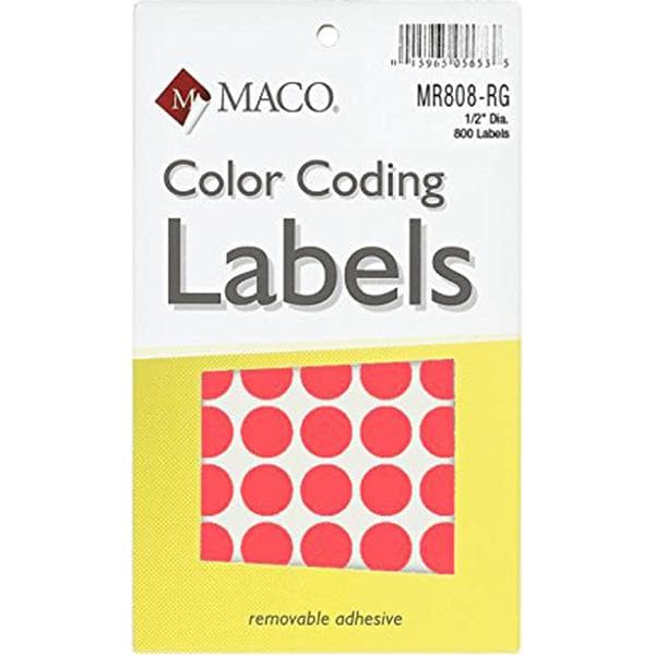 Maco Color Coding Labels, A6 - 0.5" (Diameter), Round, Red, 800 Labels