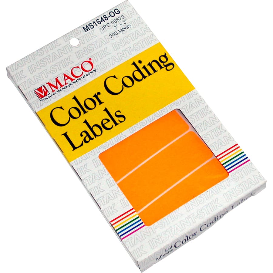 Maco Color Coding Labels, A6 - 1" X 3", Rectangle, Orange, 200 Labels