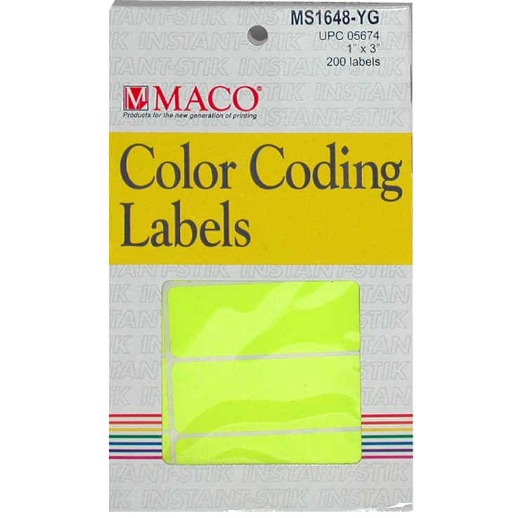 Maco Color Coding Labels, A6 - 1" X 3", Rectangle, Yellow, 200 Labels