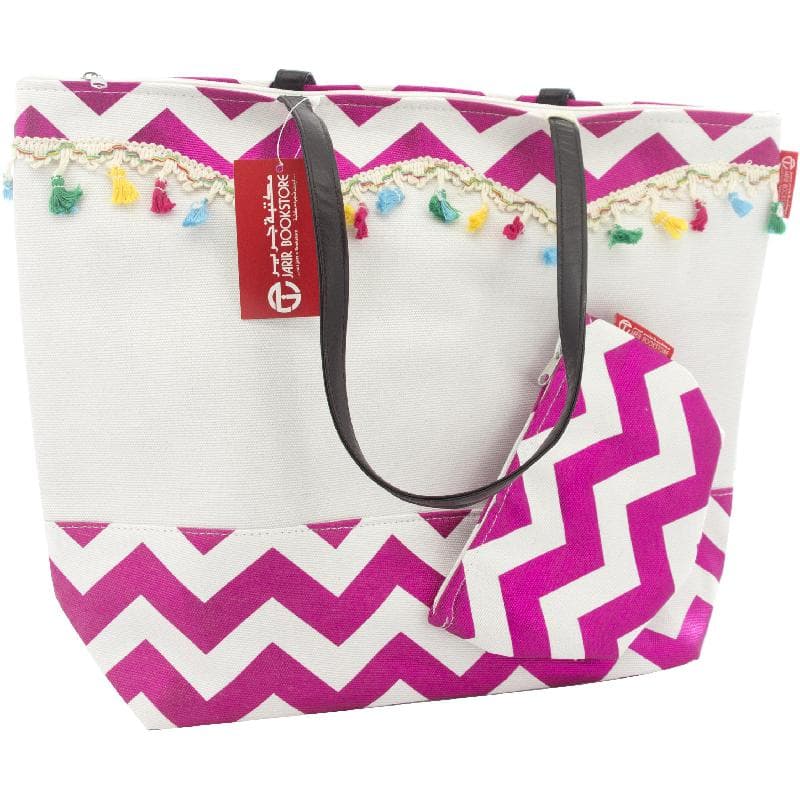 ZigZag with Tassels Tote Bag, White/Pink
