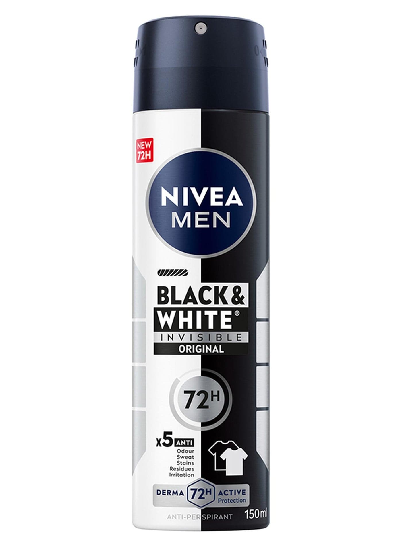 Men Black And White Invisible Antiperspirant Deodorant Spray Original 72H Active Protection 5In1 Anti-Odour Sweat Stains Residues Andirritation Black & White 150ml