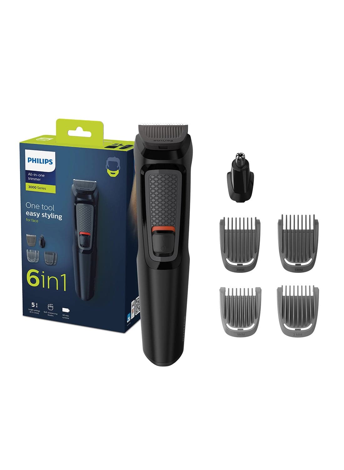 Multigroom 3000 MG3710/33,6-in-1 Beard & Face Trimmer,Maintenance-Free Blades, No Oil Needed,60min Cordless Use,Nose & Ear Trimmer, Beard & Stubble Combs,Storage Pouch Included Black