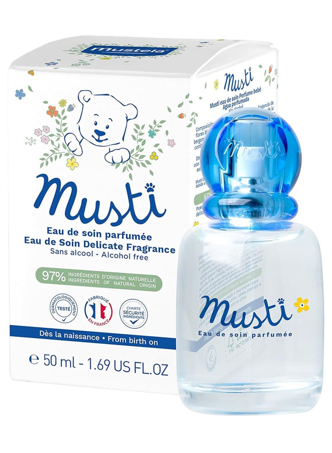 Musti Eau de Soin Parfumee 50mL - Alcohol-Free Fragrance for Babies, with Chamomile & Honey Notes