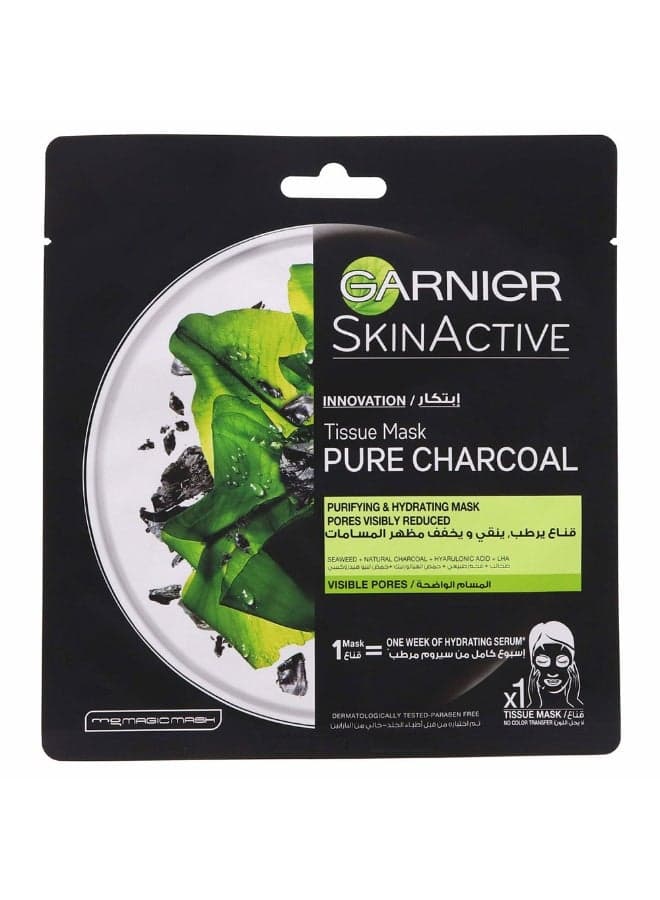 Skinactive Tissue Pure Charcoal, Purifying And Hydrating Pores Visible Reduced Sheet Mask Black