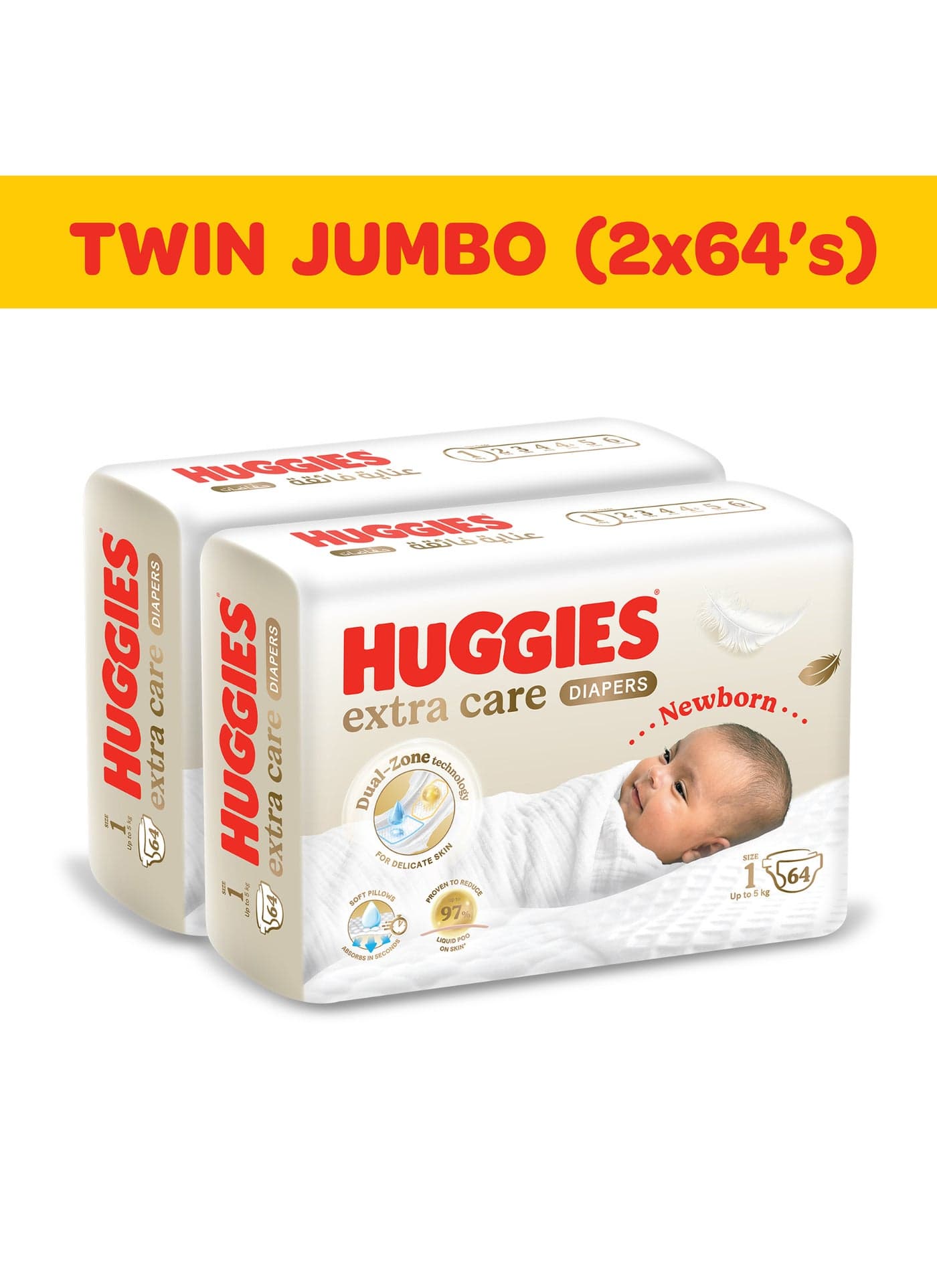 Extra Care Newborn Diapers, Disposable Diapers Size 1 (Up to 5kg) Twin Jumbo Pack of 128 Diapers