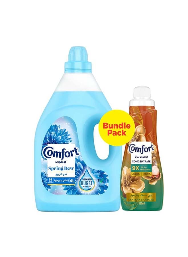 Comfort Spring Dew Dilute Fabric Softner 4L + Concentrate Lily Musk & Caramel 650ml Combo 4L+650ml