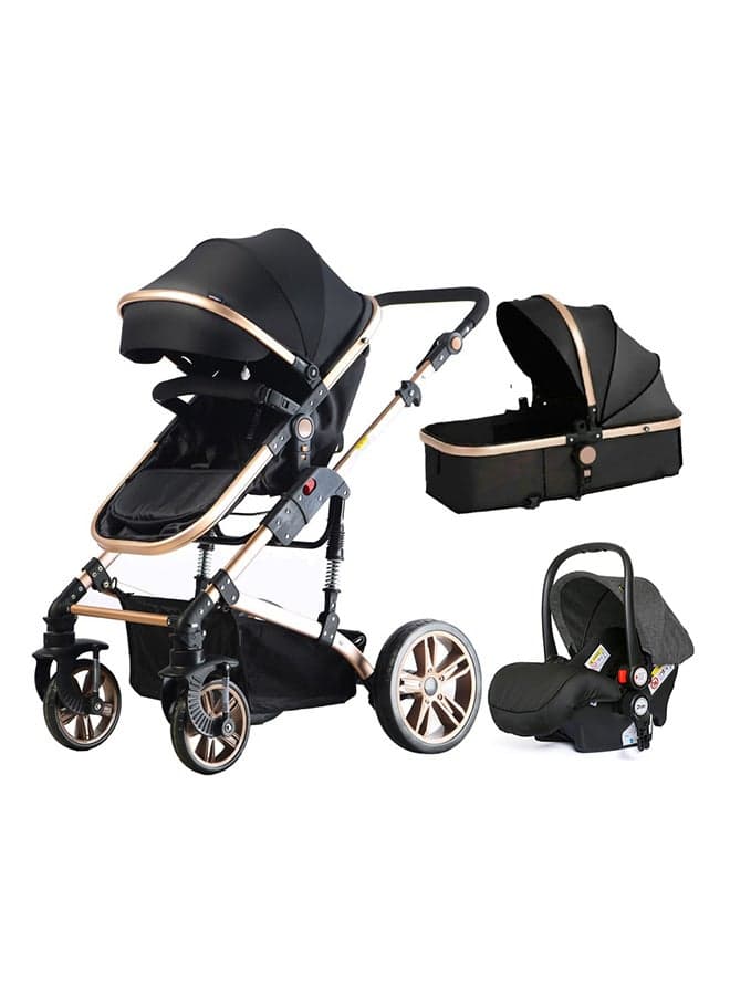 3 In1 Pram Stroller, Sleeping Bassinet And Extra Wide Seat With Wide Canopy For Baby Black