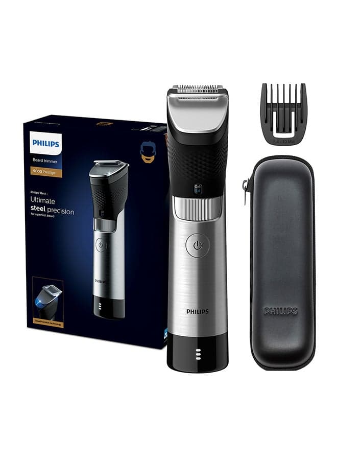 Beard Trimmer BT9810,Ultimate Precision with Built-In Metal Comb,Self-Sharpening Steel Blades, 30 Length Settings,Steel Body, Battery Indicator,120min Cordless, Waterproof, Travel Case Black/Silver