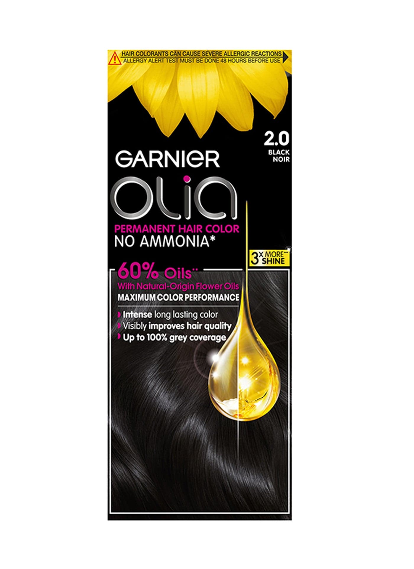 Olia No Ammonia 60% Oil-Rich Permanent Hair Color 2.0 Black 50g 50g 12ml