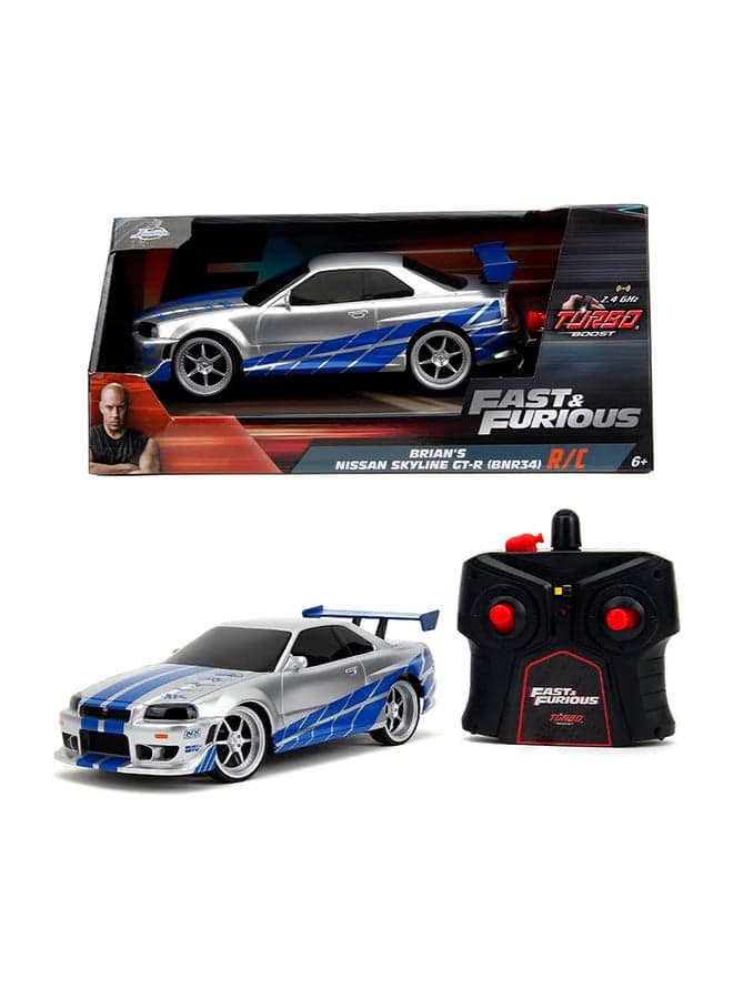 Toys Fast & Furious 2002 Nissan GT-R R34 Remote Control Car RC with 2.4GHz, Toys for Kids and Adults (99371, 1:24, Silver)