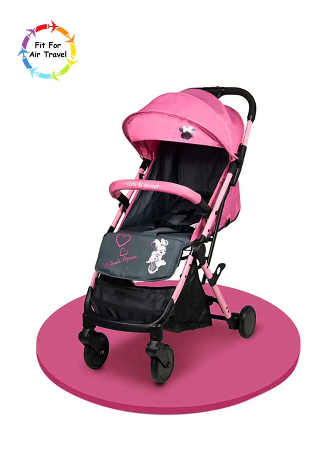 Trucare FZC Minnie Mouse Travel Stroller 0 - 36 Months Compact Design Storage Basket Rear Breaks Compatible Trolley Handle And More. Pink