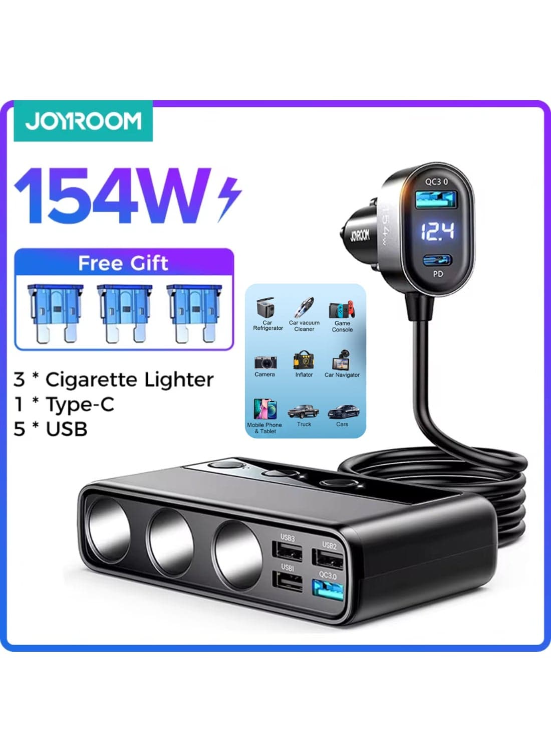 154W 9 In 1 Heavy-Duty Car Charger Splitter with 5 USB A Ports 1 USB C Port (QC Fast Charging) | LED Battery Voltage Display, 1m Thick Cable, Independent Switches & Overheat Protection for UAE Heat – Safe Power for All Devices Black