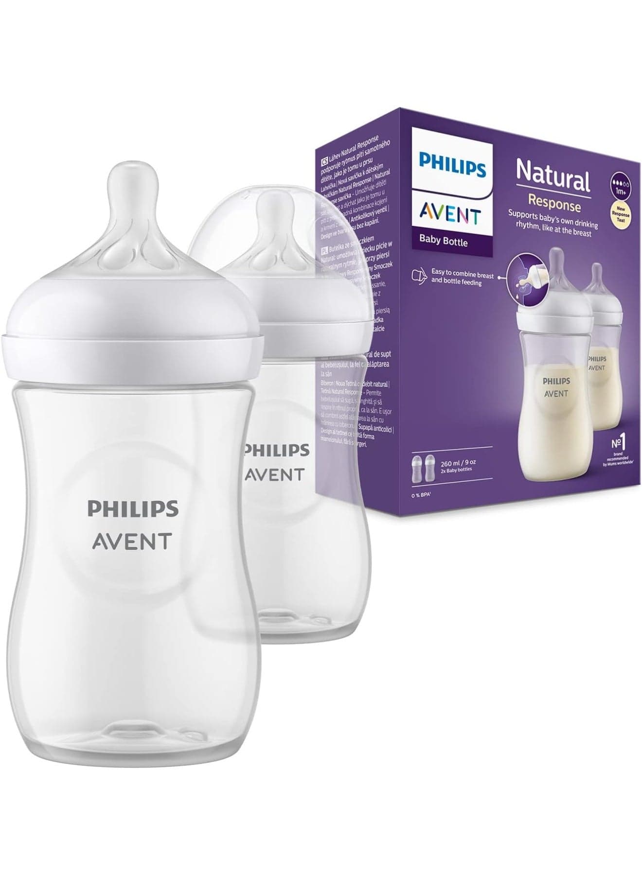 Natural Baby Bottle With Natural Response, Clear, 260ml, 1m+, 2 Pieces