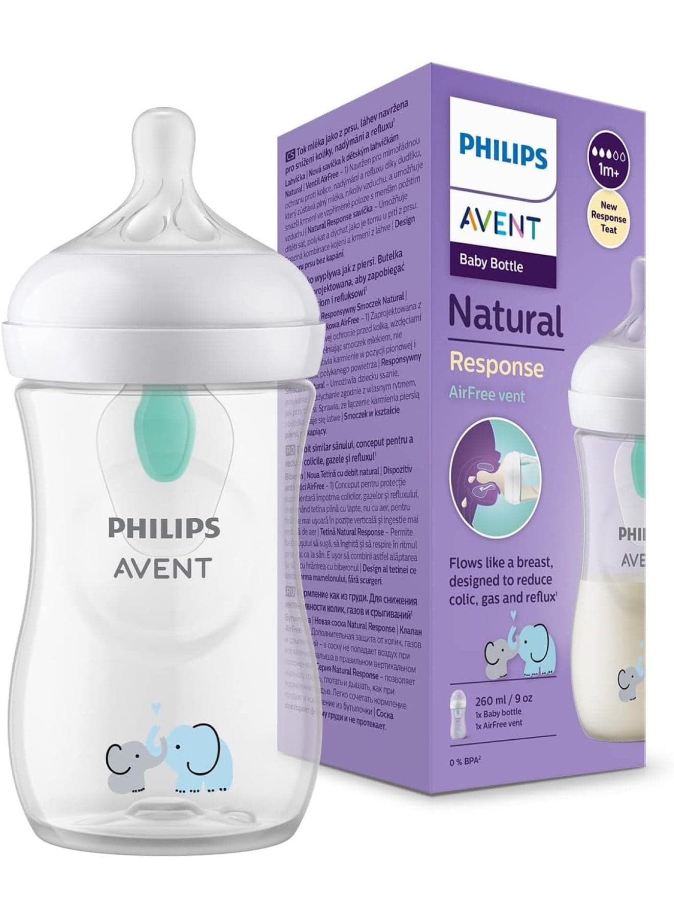 Natural Response Baby Bottle 260Ml Baby Milk Bottle With Airfree Vent Bpa Free For Newborn Babies Elephant Pattern