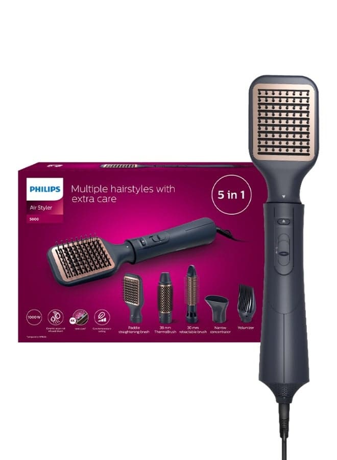 5000 Series Air Styler BHA530/03|1000W|5-in-1 Dryer & Styler (Nozzle, Retractable bristle brush,38mm Thermobrush,Paddle straightening brush,Volumizer)|Ionic care|Argan-oil infused brush Black