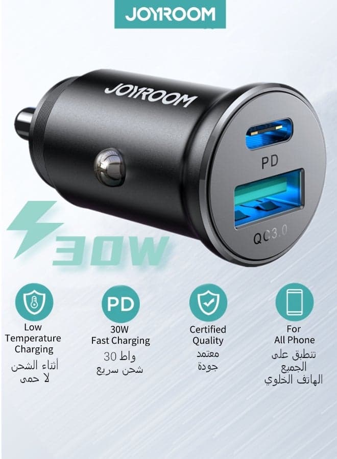 30W Super Mini All-Metal Car Charger – Upgraded 2025, Dual Port PD & QC 3.0 Fast Charging, Scratch-Resistant & Heat-Resistant Design | Compatible with iPhone 16/15/14/13/12/11, Samsung Galaxy 25/24, Huawei, Xiaomi, Pixel & More | CE Certified – Safety and Top Quality Black