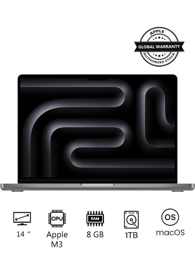 Macbook Pro MTL83 | 14 Inch Display | Apple M3 Chip | 8-Core CPU and 10-Core GPU | 8GB RAM | 1TB SSD | macOS | English Keyboard | International Version | Space Grey