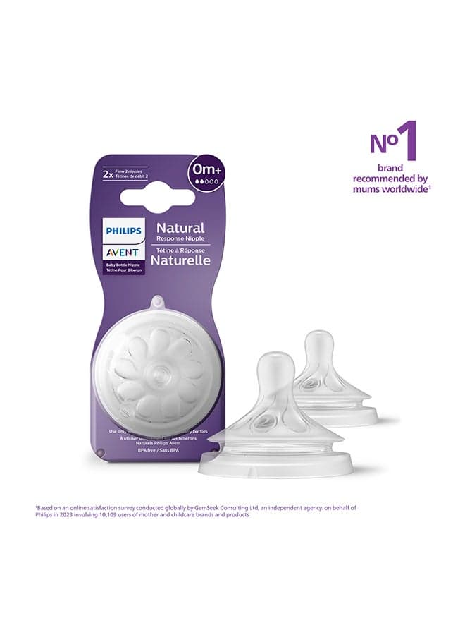 Baby Feeding Bottle Teat Natural Response SCY962/02 | 0M+ Age | Slow Flow Nipple | BPA Free (Pack of 2 Nipples) | No.1 Brand Recommended By Moms Worldwide