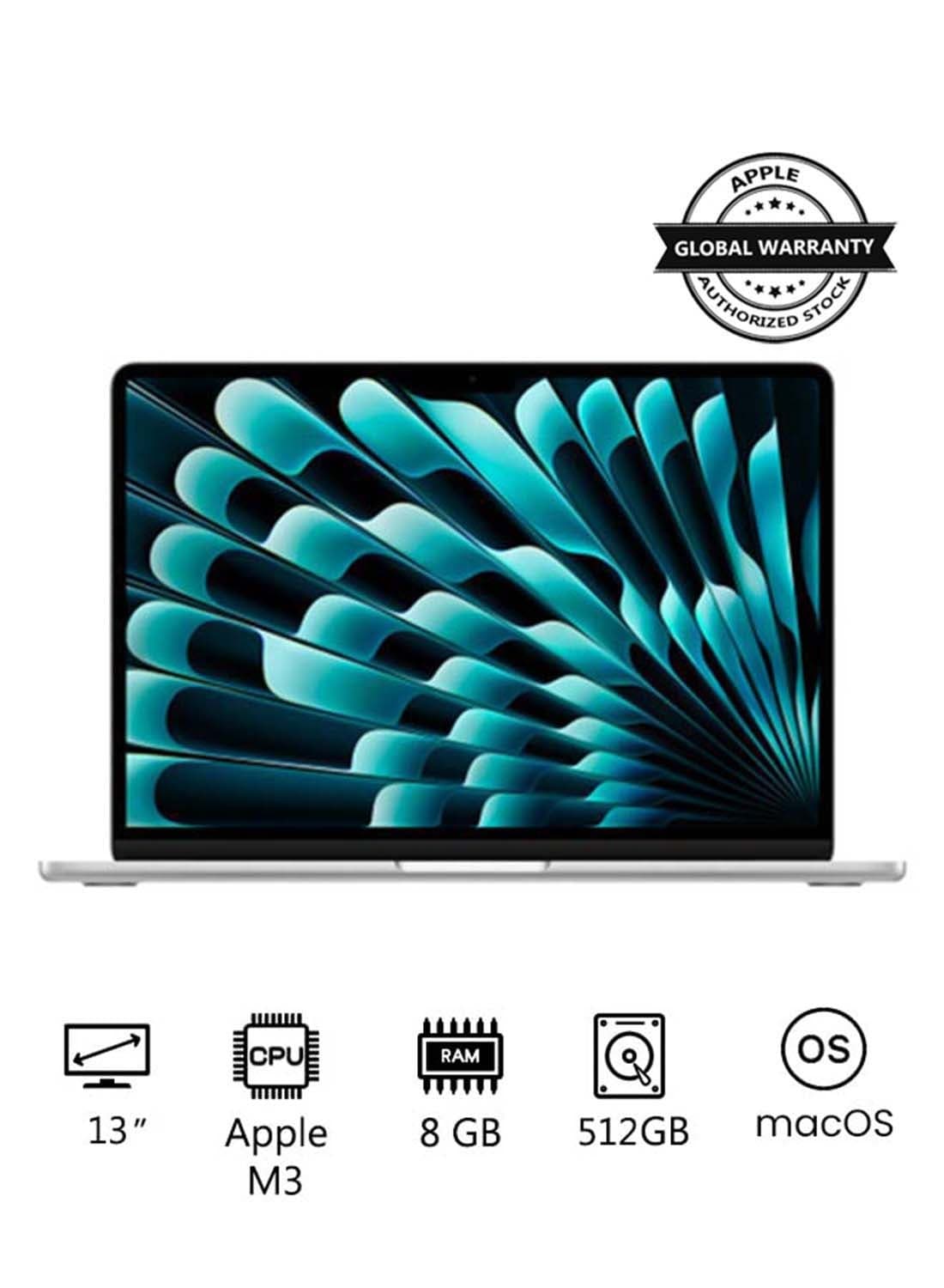 New 2024 MacBook Air MRXR3 13-inch Display, Apple M3 Chip 8-Core CPU 10-Core GPU Processor/8GB RAM/512GB SSD/Intel UHD Graphics English/Arabic Silver