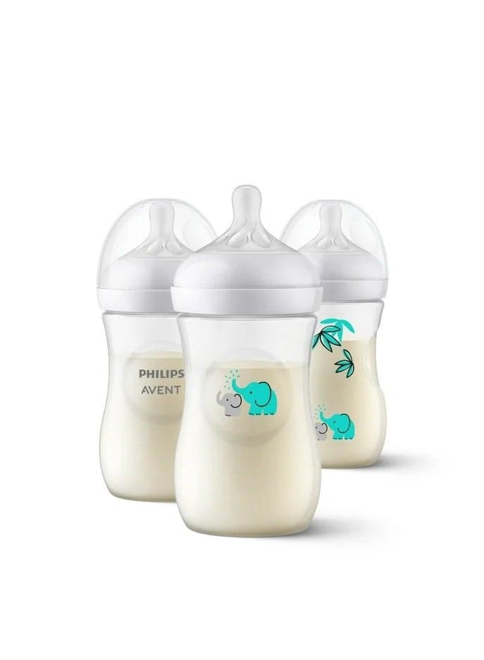 Pack Of 3 Natural Baby Bottle With Natural Response Nipple And Teal Elephant Design, 9oz