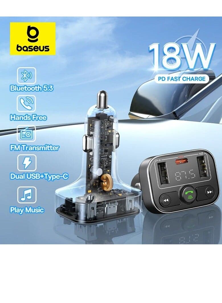 5.3 FM Transmitter For Car, PD 18W Stronger Microphone And HiFi Bass Sound Cigarette Lighter Radio Music Adapter Charger Supports Hands-Free LED Backlit TF Card Flash Drive Black