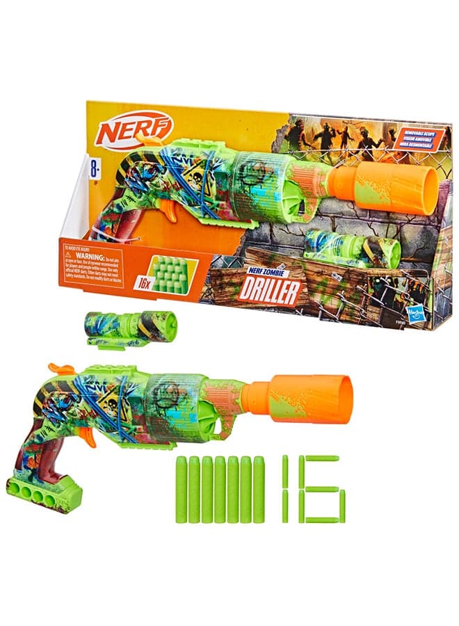 Zombie Driller Dart Blaster, 16 Elite Darts, Rotating 5 Dart Cylinder, Removable Scope, Outdoor Games, Ages 8+