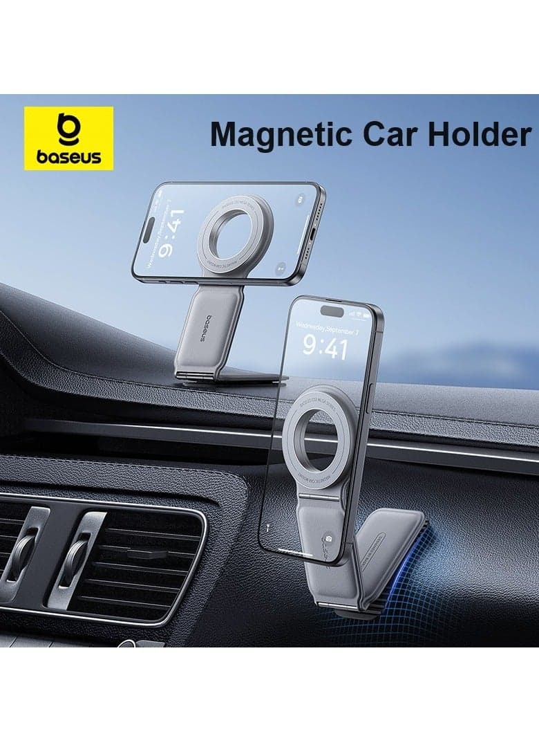 MagSafe Car Mount for Car Dashboard and Tesla Screen – Foldable Magnetic Phone Holder with Premium Metal and Leather Design – 360° Rotation, Strong Magnets for Secure Grip – Compatible with iPhone 16, 15, 14, 13, 12 Pro Max, Samsung Galaxy S25, S24, S23 – Universal Car Phone Holder for All Smartphones Grey
