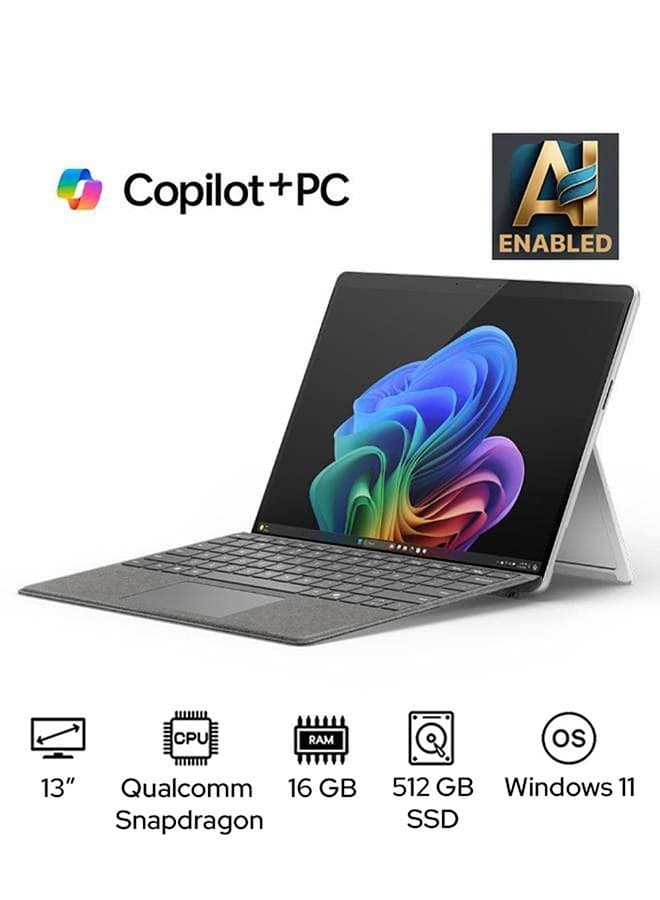 Surface Pro 11 Copilot+ PC Laptop With 13-Inch Display, Qualcomm Snapdragon X Plus Processor/16GB RAM/512GB SSD/Qualcomm Adreno Graphics/Windows 11 English/Arabic Platinum