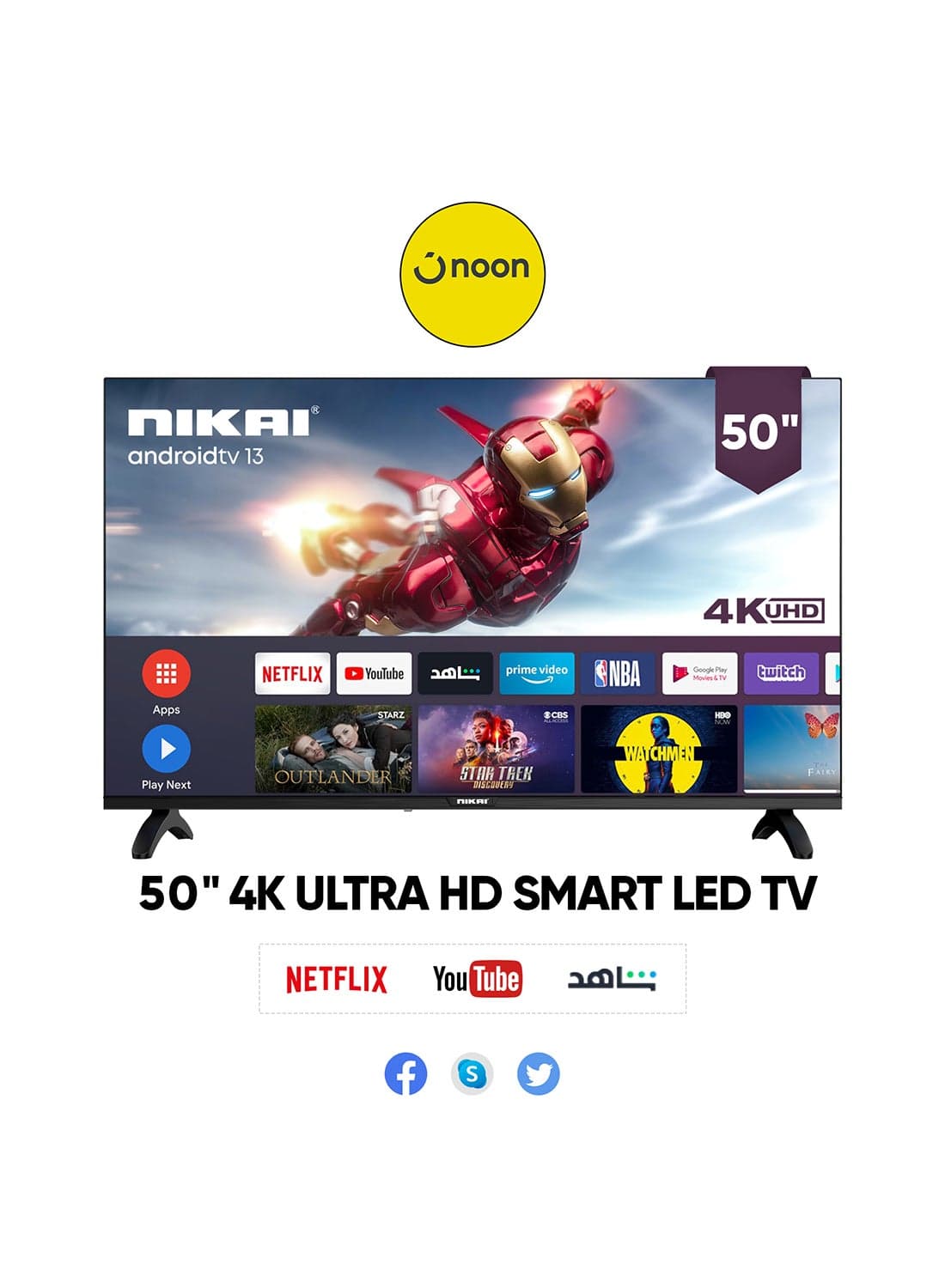 50 Inch 4K UHD Smart LED TV, Ultra Slim Frame, Android OS, Built-in Wi-Fi, Quad Core Processor, 1.5GB RAM, 8GB Storage, 60Hz Refresh Rate, 16W Speakers 50NK4KSLED Black