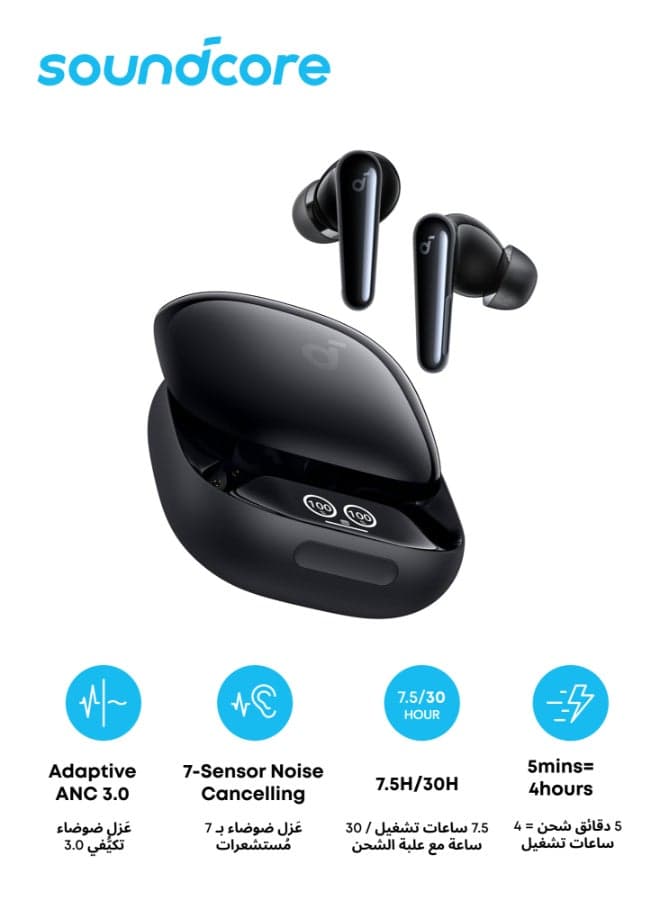 Liberty 4 Pro by Anker, Noise Cancelling Wireless Earbuds, 7-Sensor and Real-Time Adaptive Noise Cancelling, 2× Faster Charging, Studio-Level Hi-Fi Music, Clear Calls with 6 Mics And AI - Glossy Black