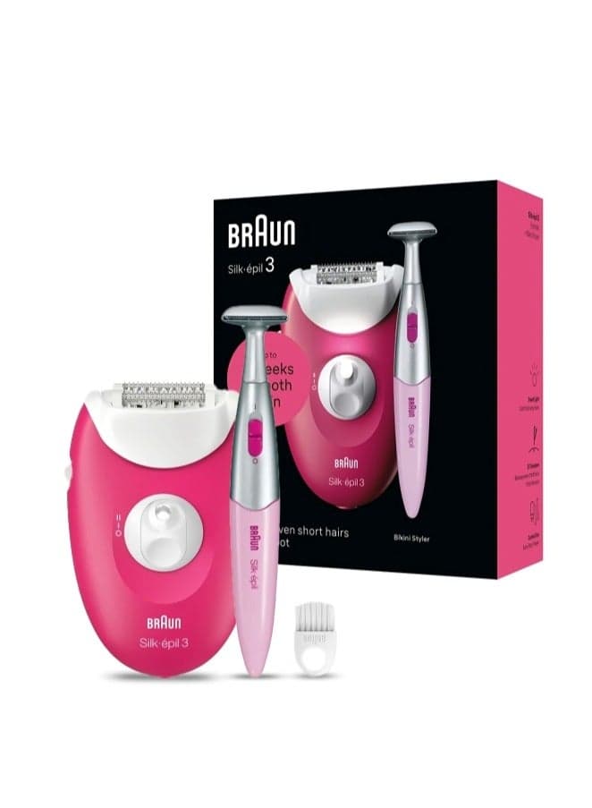 Silk-epil 3 SkinSpa 3202 Epilator, Bikini Trimmer, Cleaning Brush,  Smart Light, Corded pink