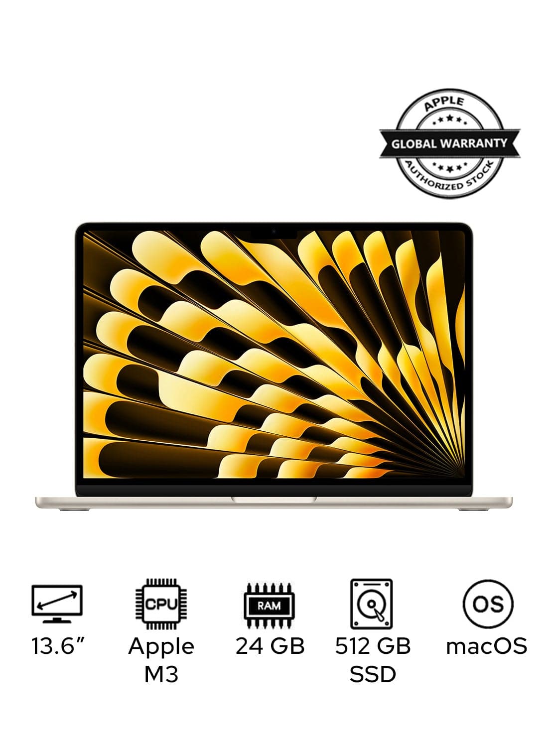 MacBook Air MC8P4 | 13.6 Inch Display | Apple M3 Chip |  8‑Core CPUAnd 10‑Core GPU | 24GB RAM | 512GB SSD | macOS | English Keyboard | Starlight