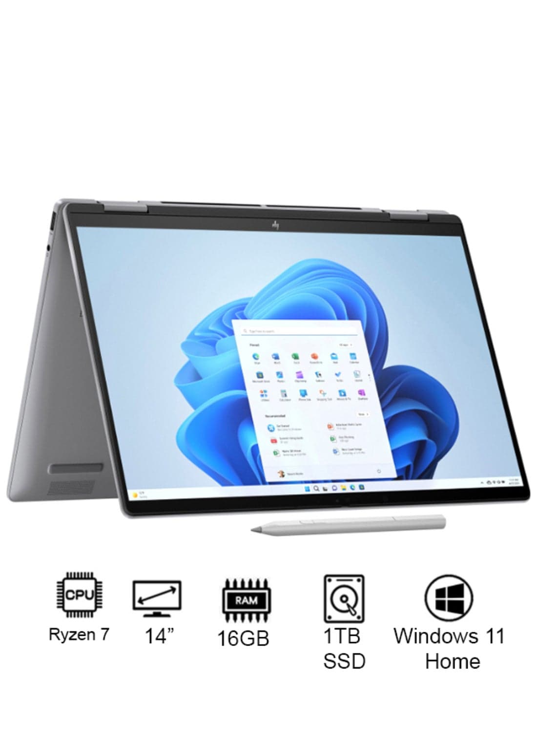 Envy x360 A0PV7EA Laptop With 14-Inch Display, AMD Ryzen 7 8840HS Processor/16GB RAM/1TB SSD/AMD Radeon Graphics/Windows 11 English/Arabic Meteor silver English/Arabic Meteor silver