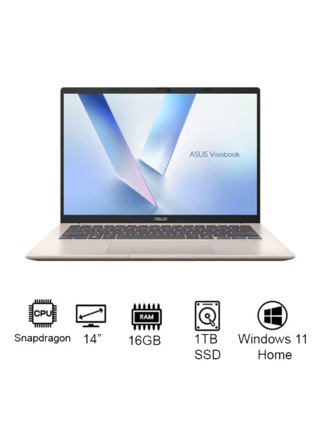 Vivobook 14 Laptop With 14-Inch Display, Snapdragon X X126100 Purwa SE Processor/16GB RAM/1TB SSD/Intel UHD Graphics/Windows 11 Home English/Arabic Platinum Gold