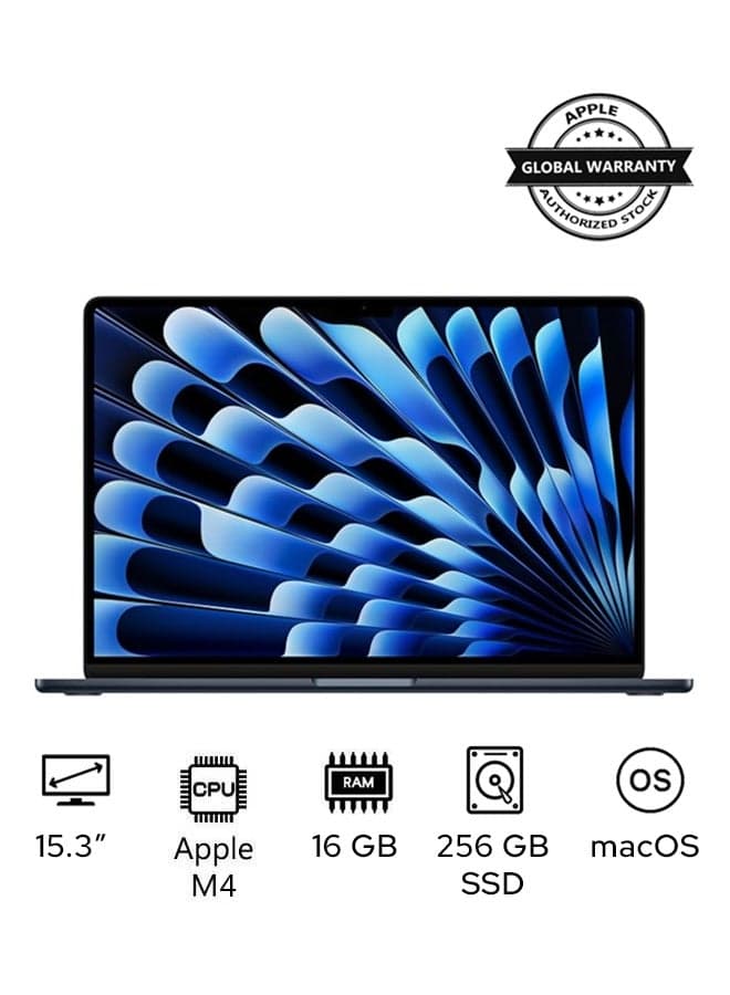 MacBook Air MW1L3 | 15 Inch Display | Apple M4 Chip | 10-Core CPU and 10-Core GPU | 16GB RAM | 256GB SSD | macOS | English Keyboard | International Version | Midnight