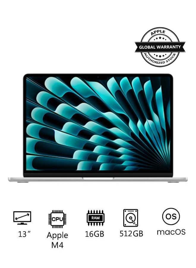 MacBook Air MW0X3 With 13 Inch Display,  M4 Chip 10-Core CPU 10-Core GPU | 16GB RAM | 512GB SSD | macOS | English/Arabic Silver