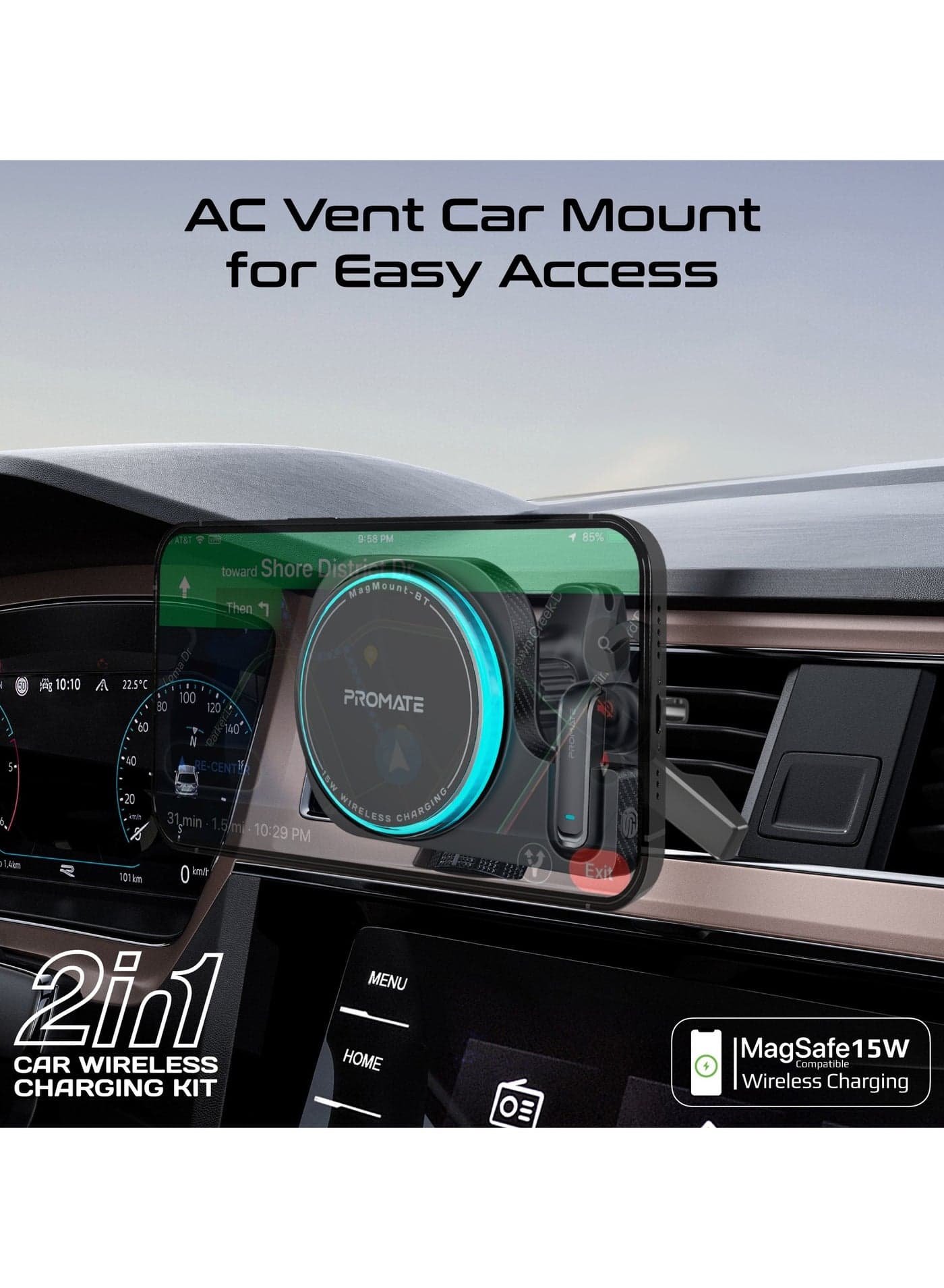 MagMount-BT 2-in-1 MagSafe-Compatible 15W Wireless Charging Car Mount with Built-In ENC Mono Headset, One-Touch Earbud, Long-lasting, Charging Light Ring Effect and 360° Rotation for iPhone 17/17 Pro Max, Samsung S26 Ultra & Smartphones Black