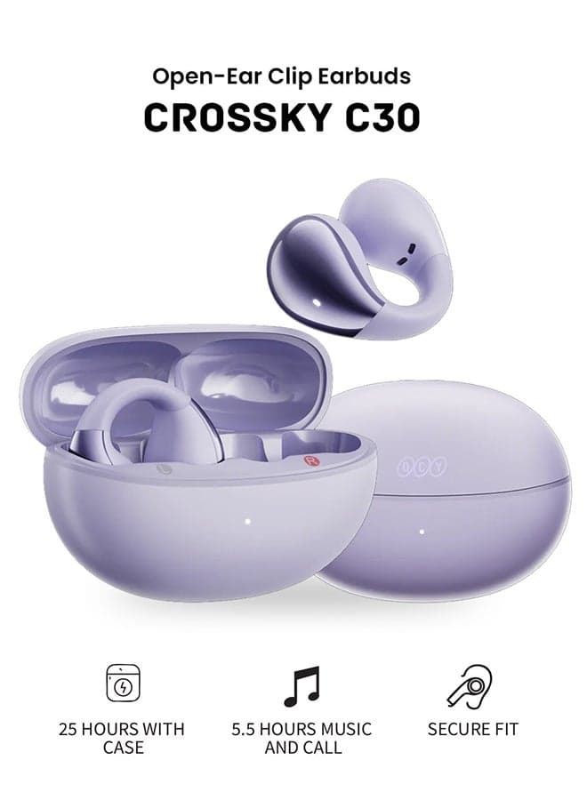Crossky C30 Open Ear Headphones Wireless Bluetooth, Clip-On Earbuds with 4 ENC Noise Cancelling Mic, Stable Fit, Dual Connection, EQ Customized, Sports Earphones for Workout/Running - Purple