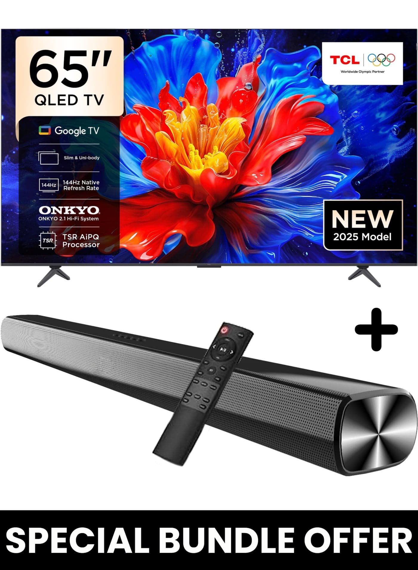 65-Inch P8K QLED 4K Smart TV + 2.0 Channel Premium Soundbar | [Google TV, AiPQ Pro Processor, 144Hz, HDR10+, Slim Uni-body] + [HDMI (ARC), USB, Bluetooth, FM Station, Aux] - (2025 Model) 65P8K+SOUNDBAR Black
