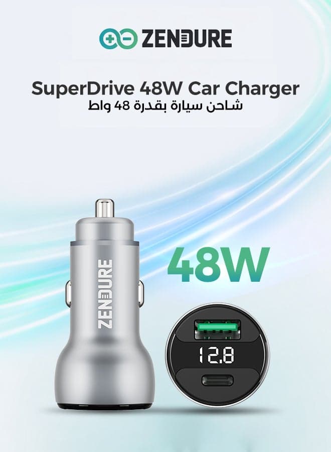 شاحن سيارة بقوة 48 واط سوبر درايڤ | شاحن سيارة بمنفذين (USB-C PD + USB-A QC3.0) | شحن سريع وآمن لأجهزة آيفون 12/13/14/15/16/17، جالكسي ، سامسونج، ايباد برو، و ايربودز، و أكثر أثناء القيادة | مؤشر ضوئي LED فضى