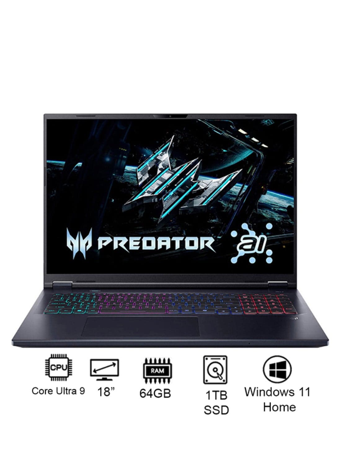 Predator Helios Neo 18 Gaming Laptop 14th Gen Intel Core Ultra 9-275HX 24 Cores Upto 5.4GHz/64GB DDR5 6400MHz RAM/1TB SED SSD/12GB NVIDIA®GeForce®RTX 5070 Ti Graphics/18" WQXGA IPS 250Hz DDS Mini LED Display/W11/Killer WiFi-6E/4-Zone RGB KB/Thunderbolt 4/ English/Arabic Abyssal Black