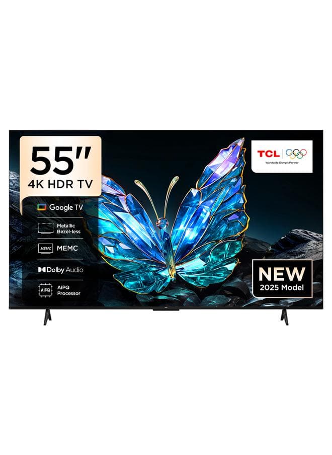 Television 55 Inch Smart TV 4K UHD HDR 10 Google TV, Dynamic Color Enhancement, Dolby Audio, HVA Panel, MEMC, Multiple Eye Care with Metallic Bezel-less Design, 55V6C (2025 Model) 55V6C black