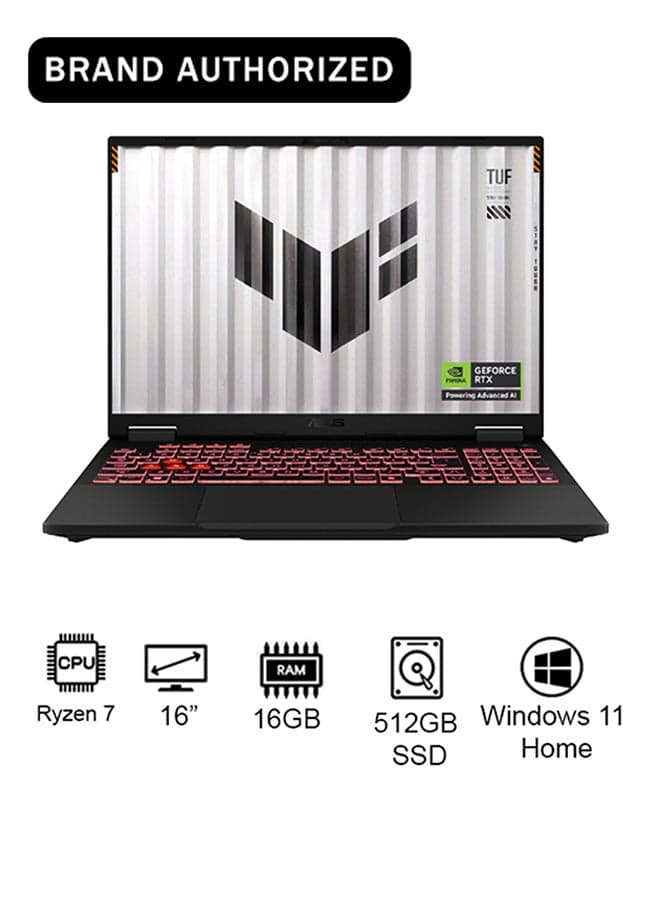 TUF A16 Gaming (2025) Laptop With 16-Inch FHD+ Display, AMD Ryzen 7-260 Processor/16GB RAM/512GB SSD/8GB NVIDIA GeForce RTX 5050 Graphics/Windows 11 Home Arabic Jaeger Gray