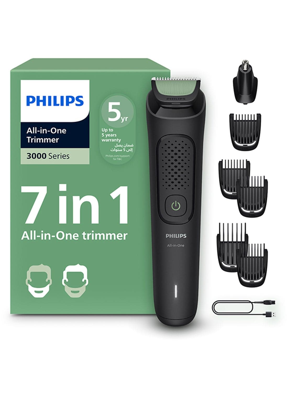 All-in-One Trimmer MG3920/15 | 7-in-1 Beard, hair & nose trimming | 60 min cordless | USB-A charging | Washable parts | Pouch included Black