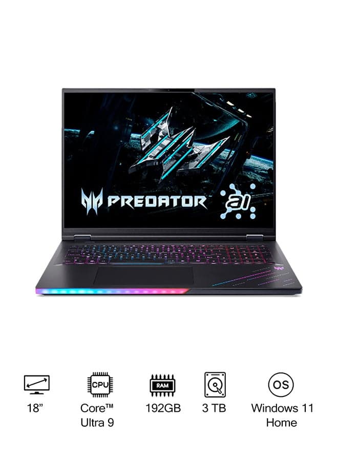 Predator Helios PH18 Laptop With 18-Inch WQXGA Display, Core Ultra 9-275HX Processor/192GB RAM/3TB SSD/24GB Nvidia Geforce RTX 5090 Graphics/Windows 11 Pro English Abyssal Black